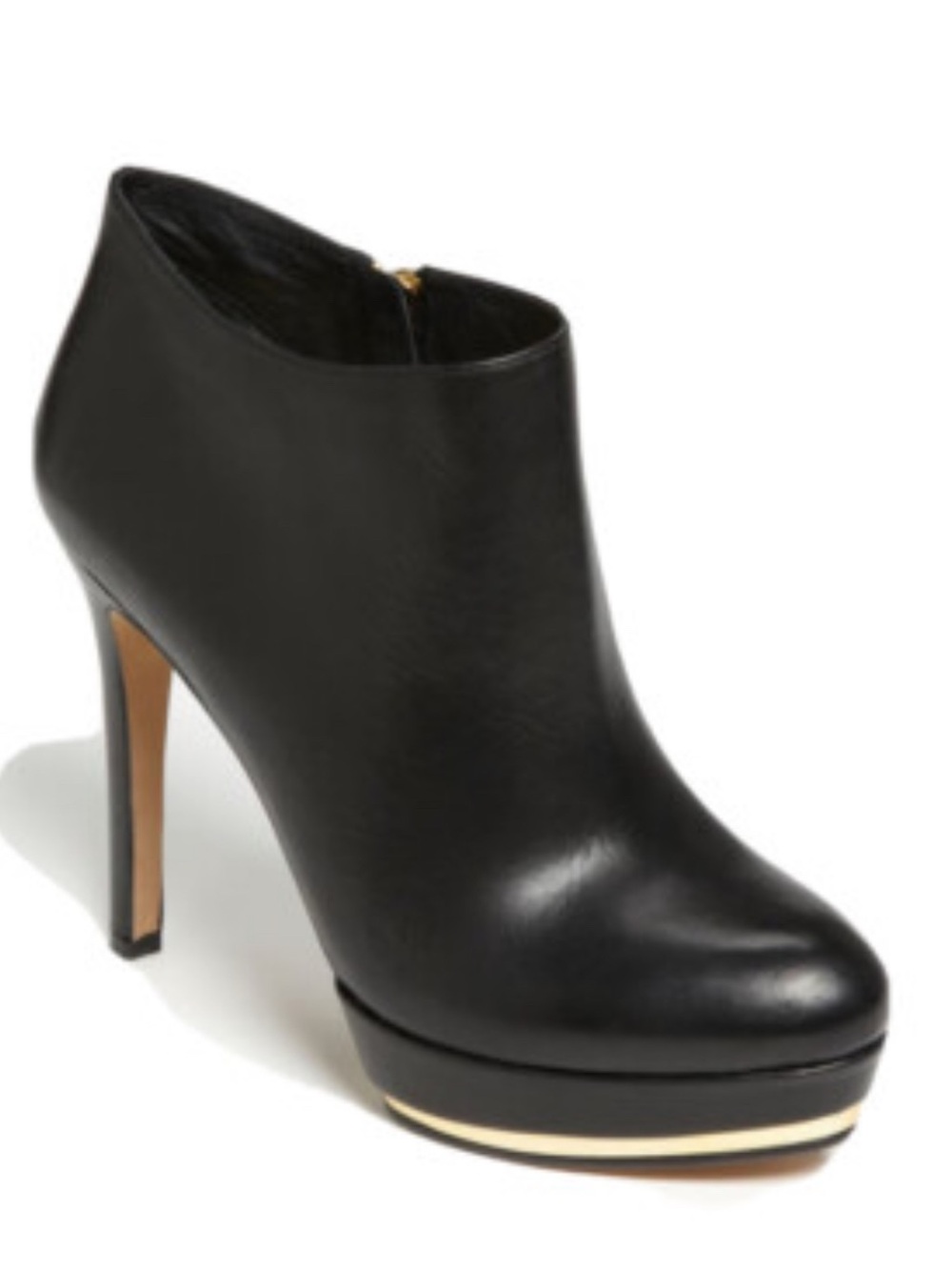 EUC w/Box Vince Camuto Black Leather Platform Ankle Bootie with Gold Accent